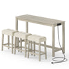 Gray counter height table with solid rubber wood legs, featuring space-saving design and comfortable upholstered stools.