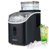 Countertop ice maker in black with external tank, producing 34 lbs of ice daily, ideal for home use and parties.