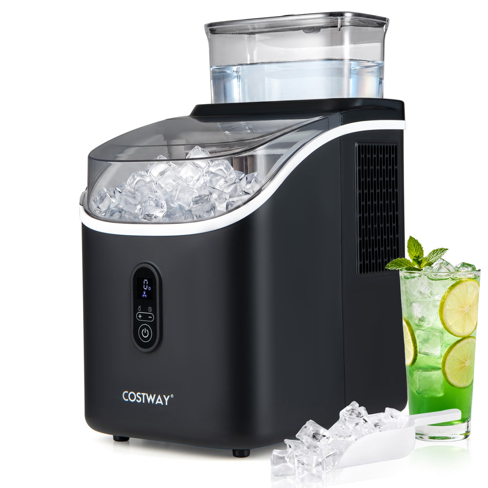 Countertop ice maker in black with external tank, producing 34 lbs of ice daily, ideal for home use and parties.