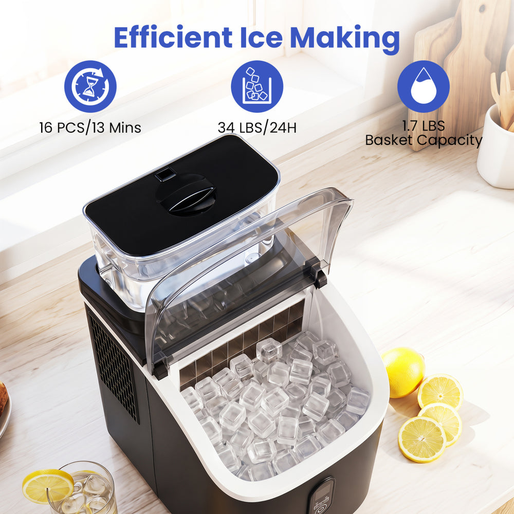 Countertop ice maker in black with 1.7 lbs basket capacity, producing 16 ice cubes in 13 minutes for efficient chilling.