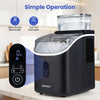 Countertop ice maker in black with external tank, digital display, and ice full indicator for efficient ice production.