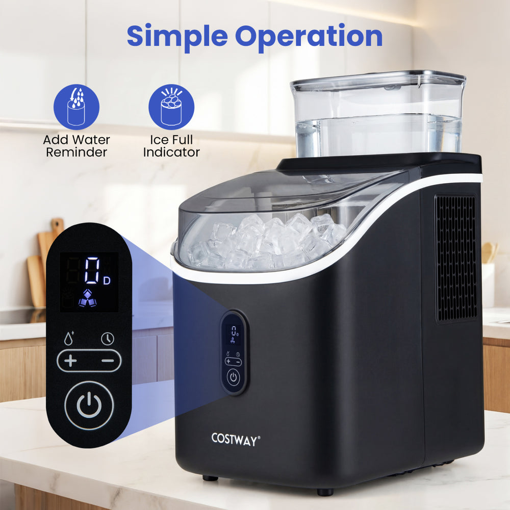 Countertop ice maker in black with external tank, digital display, and ice full indicator for efficient ice production.