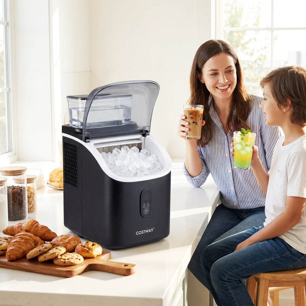 Countertop ice maker in black with external tank, making ice cubes for drinks, perfect for home use and gatherings.