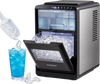 Crescent ice maker in black produces 26 lbs of crystal-clear ice daily, perfect for home bars and parties.