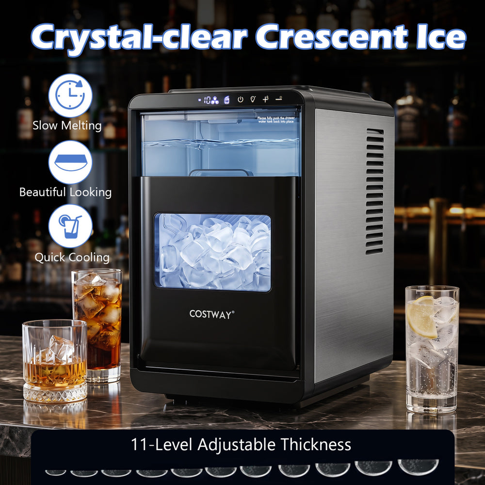 Crescent ice maker in black produces 26 lbs of crystal-clear ice daily with adjustable thickness for various drinks.