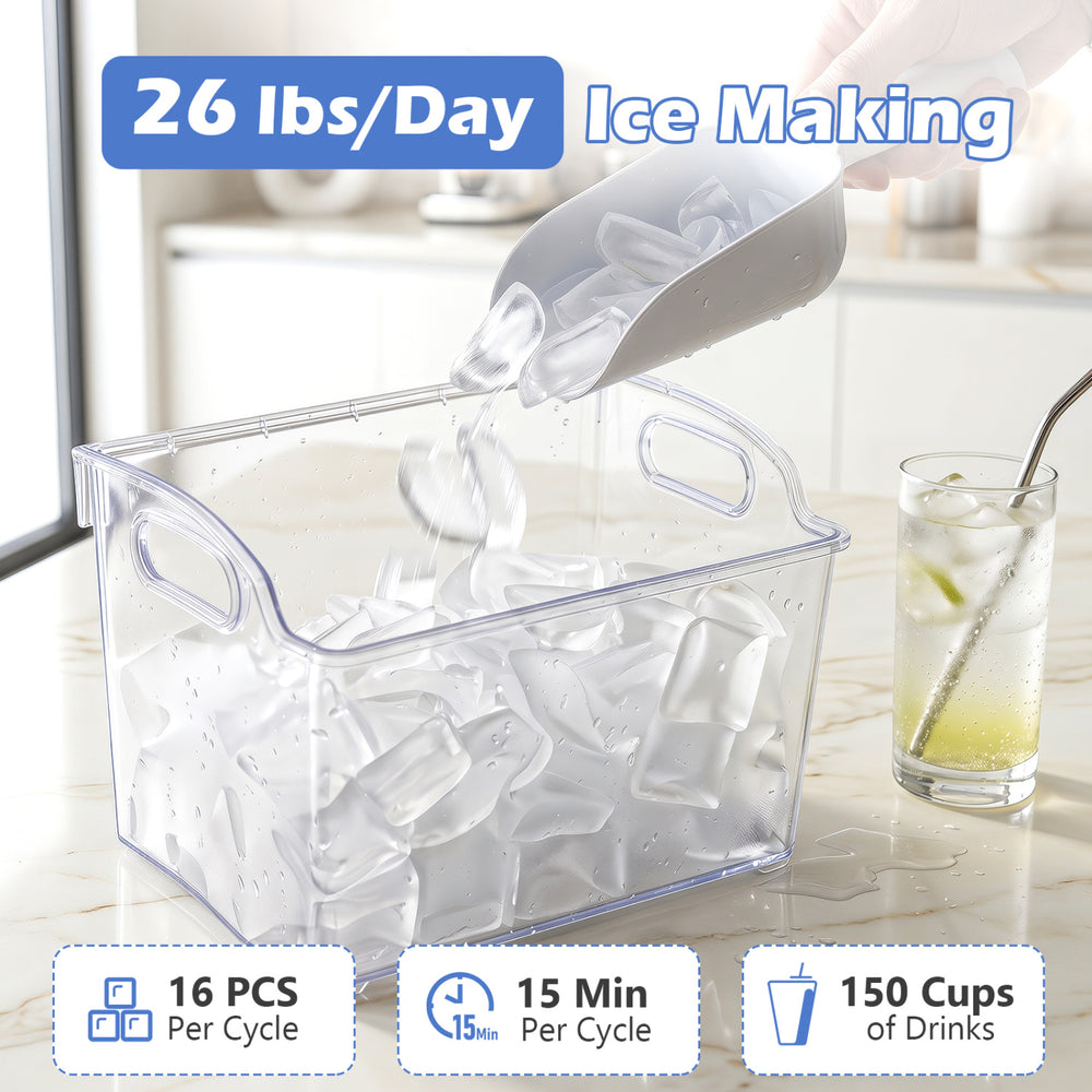 Crescent ice maker produces 26 lbs of crystal-clear ice daily, with 16 cubes ready in just 15 minutes for drinks.