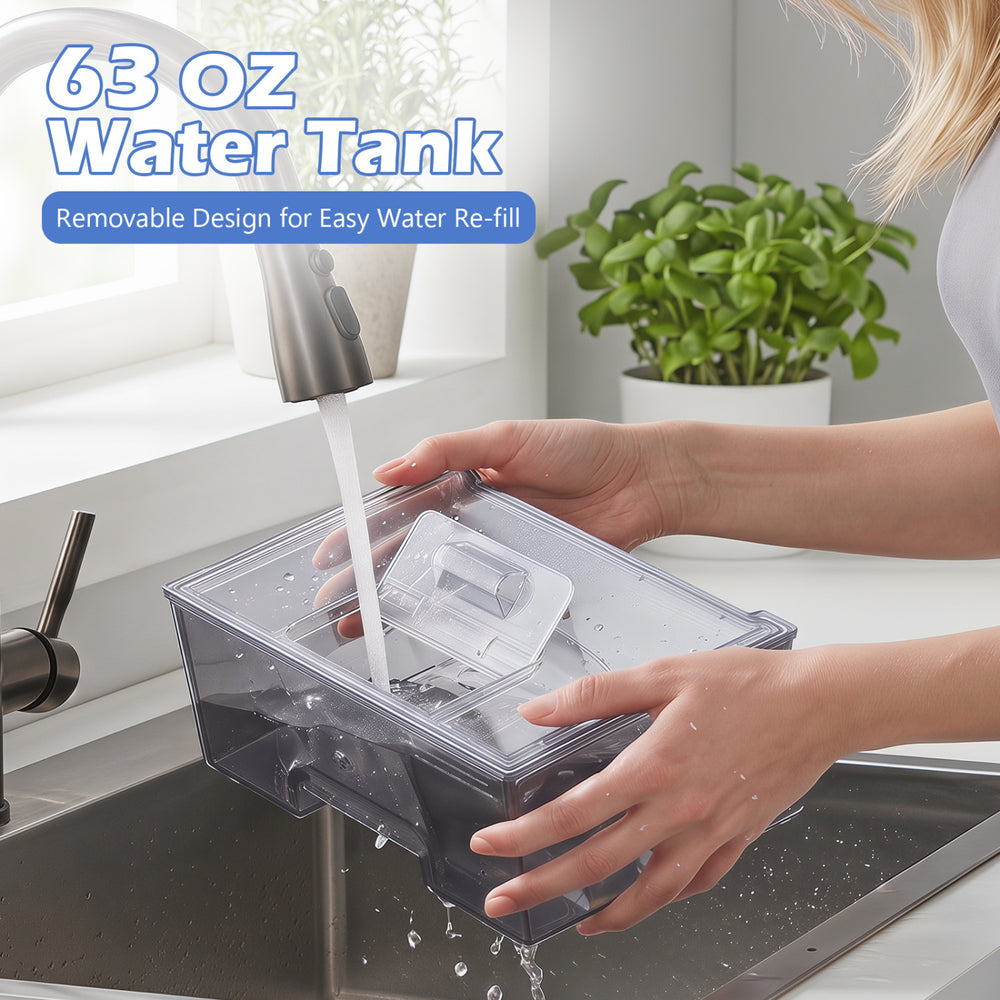 Removable 63 oz water tank for easy refilling on the Crescent Ice Maker, producing 26 lbs of ice daily.