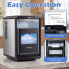 Crescent ice maker in black produces 26 lbs of clear ice daily with adjustable thickness and intuitive control panel.