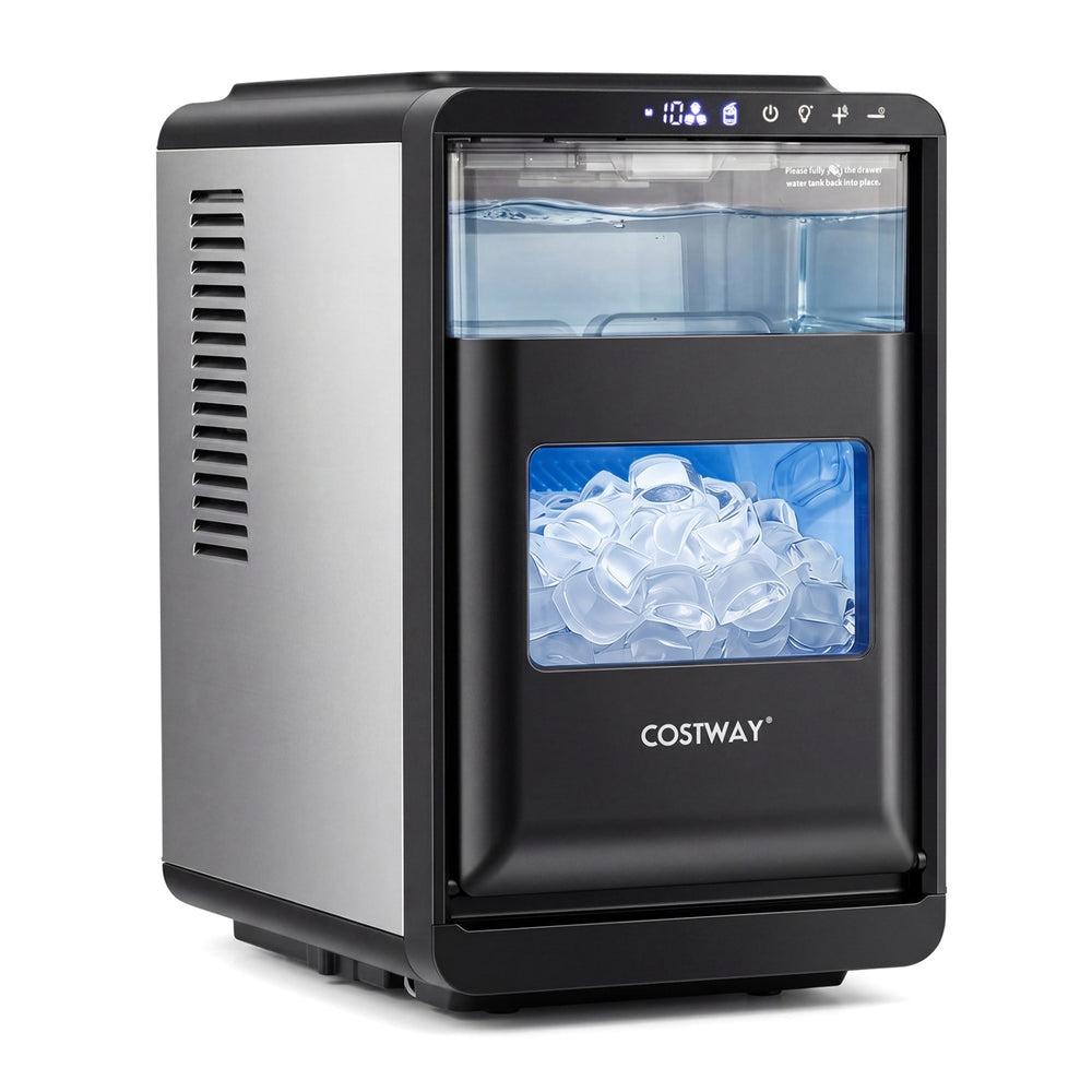 Countertop ice maker in black produces 26 lbs of crystal-clear crescent ice daily, perfect for home bars and parties.
