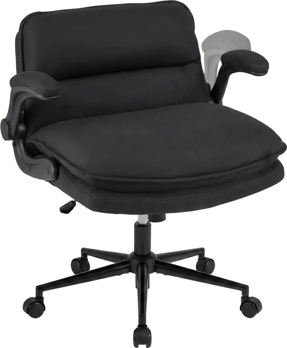 Criss Cross chair on wheels with adjustable height, overstuffed backrest, and flip-up arms for home office comfort.