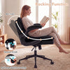 Adjustable gray Criss Cross chair with flip-up arms, rocking function, and overstuffed backrest for home office comfort.