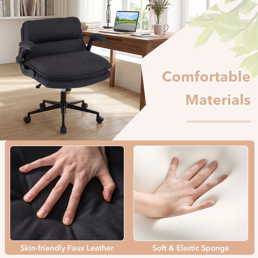 Gray Criss Cross chair on wheels with flip-up arms, featuring faux leather and soft sponge for ultimate comfort in home.