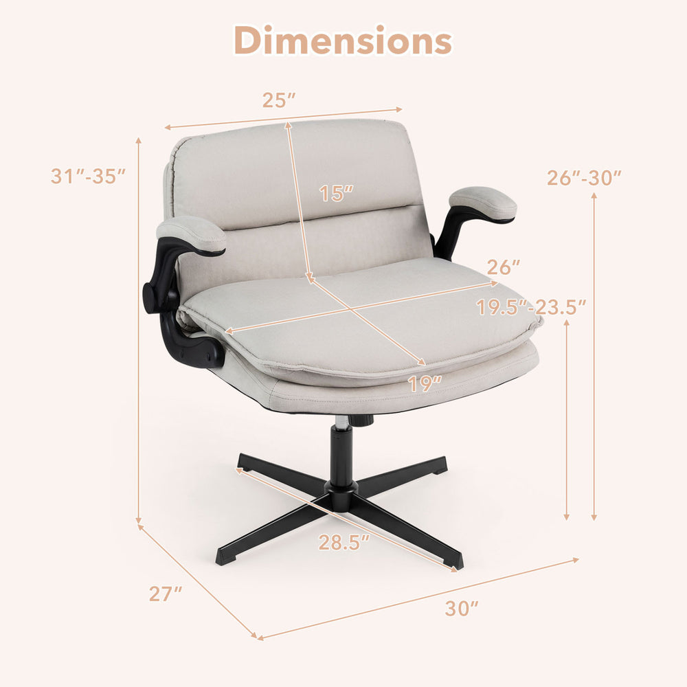 Ergonomic Criss Cross Chair with adjustable height, wide backrest, and padded seat in beige, showing dimensions.