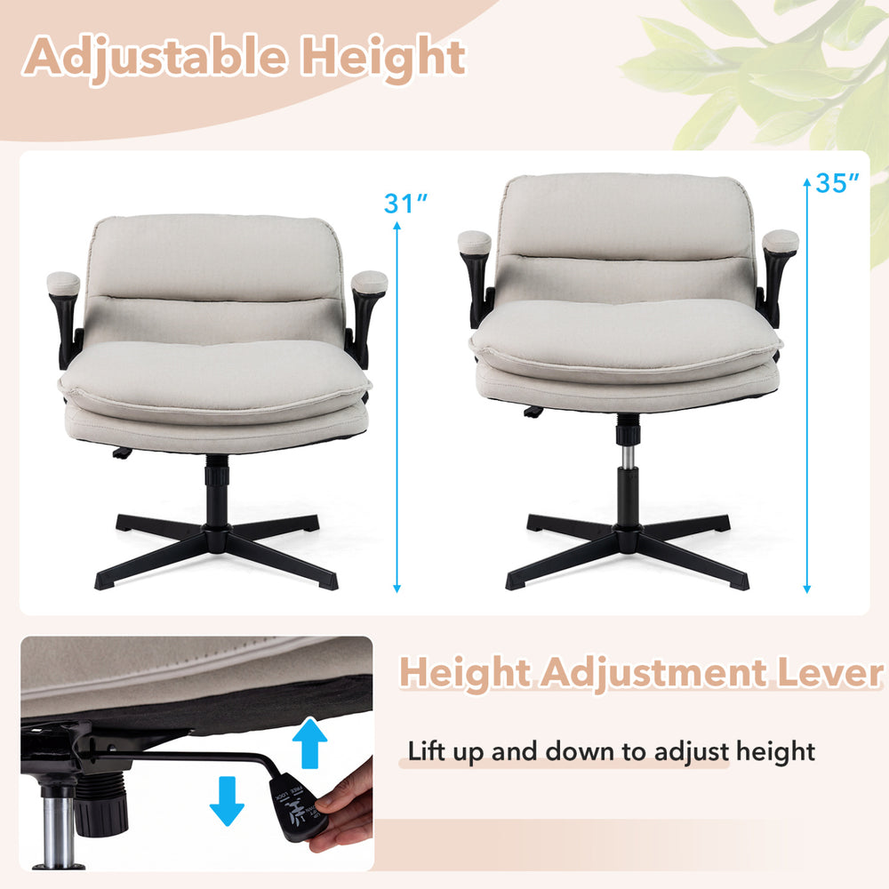 Criss Cross ergonomic office chair in beige with adjustable height and flip-up arms, showcasing seat height options.