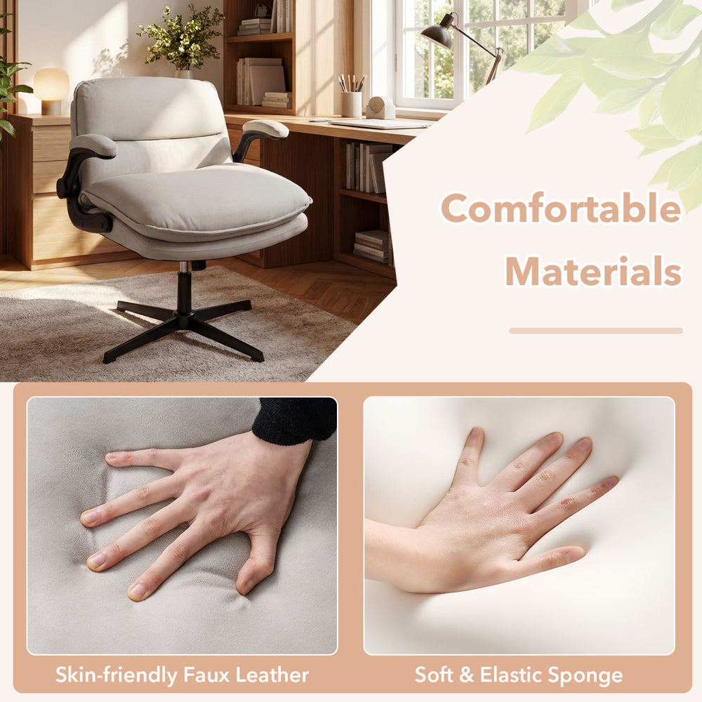Beige Criss Cross Chair with flip-up arms, featuring skin-friendly faux leather and soft elastic sponge for comfort.