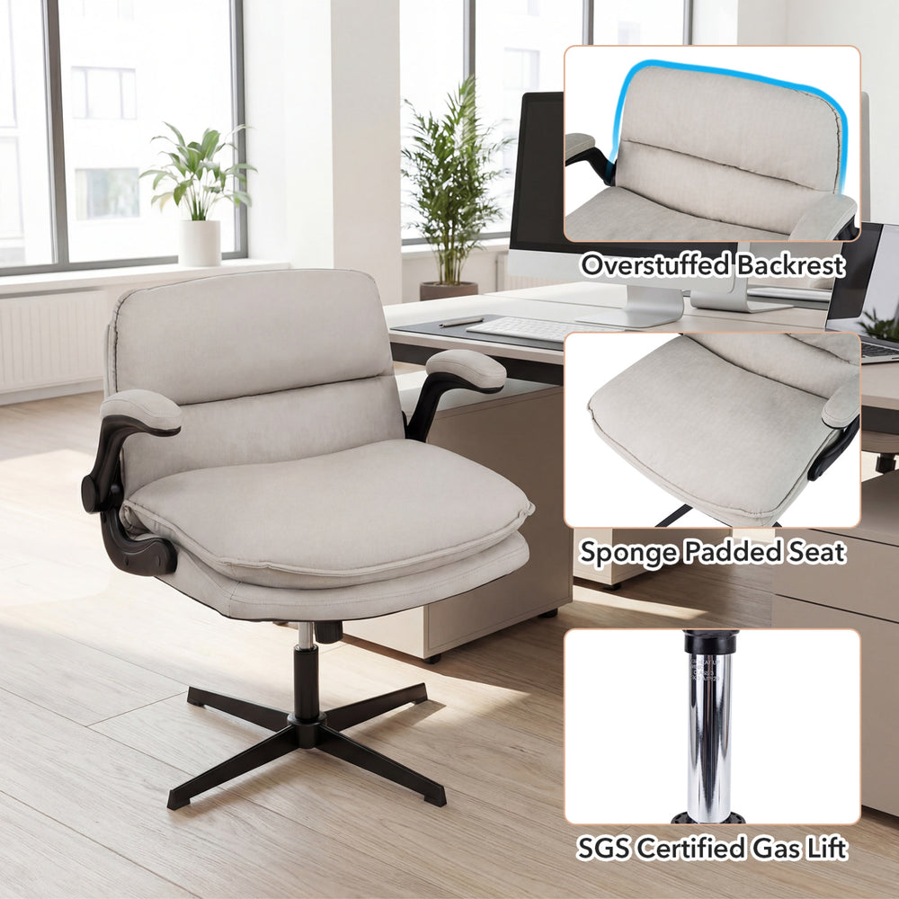Ergonomic Criss Cross office chair with beige padded seat, adjustable height, and overstuffed backrest in a modern.