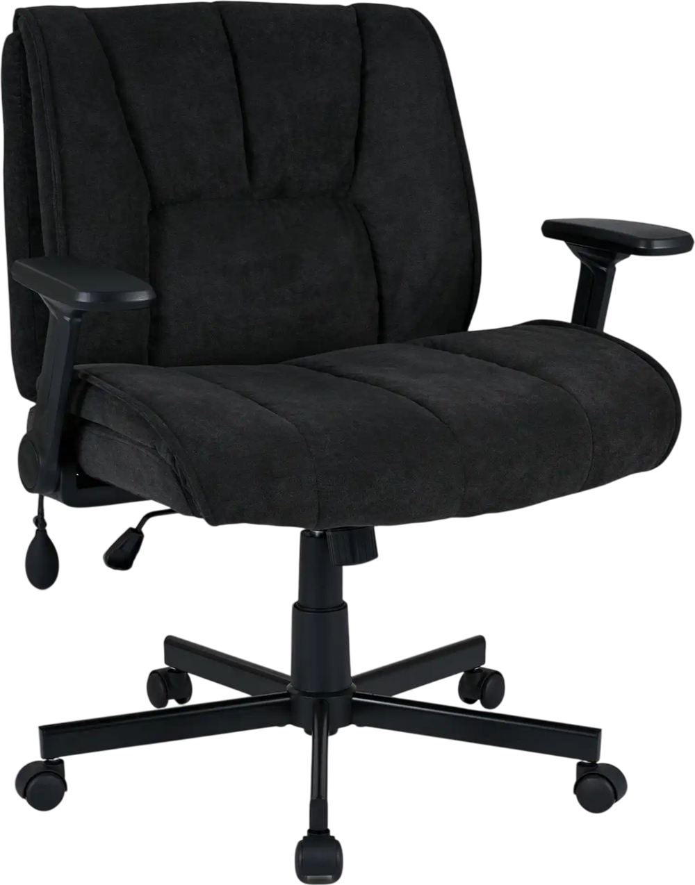Wide black office chair with soft chenille fabric, airbag lumbar support, and adjustable height for all-day comfort.
