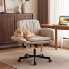 Beige Criss Cross Office Chair features adjustable arms, 360° swivel, and cushioned support for versatile comfort.