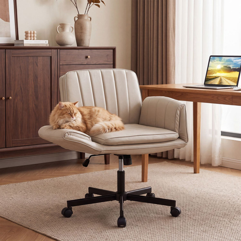 Beige Criss Cross Office Chair features adjustable arms, 360° swivel, and cushioned support for versatile comfort.