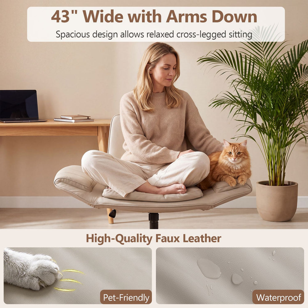 Spacious beige Criss Cross office chair features adjustable arms, waterproof faux leather, and pet-friendly upholstery for comfort.