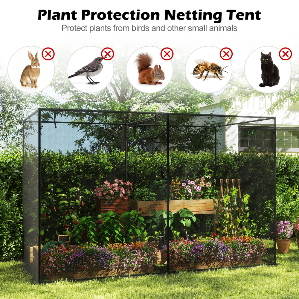 Large crop cage with tear-resistant mesh netting, 10 x 6.5 x 6.5 ft, protects plants from birds and small animals.
