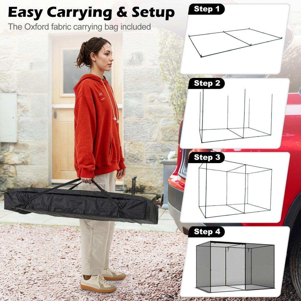 Crop cage assembly steps shown with included Oxford fabric carrying bag for easy transport and garden plant protection.