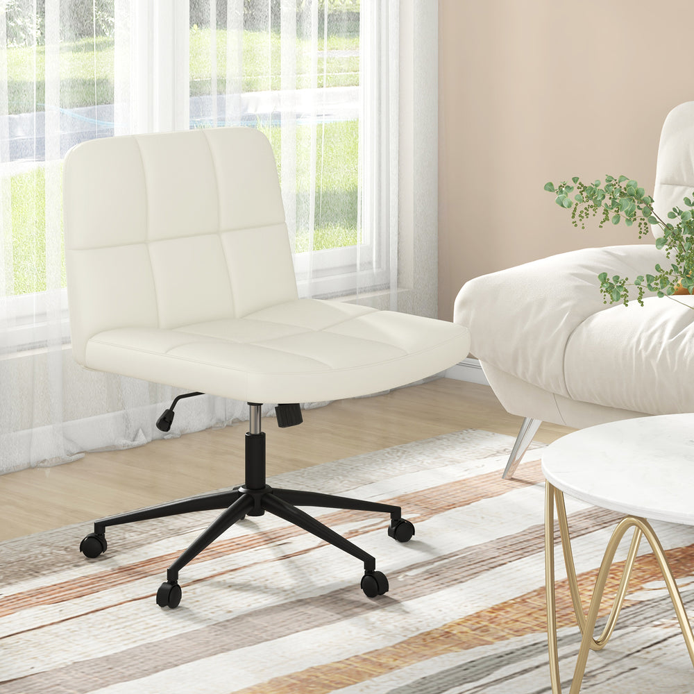 Height-adjustable armless desk chair in beige with a supportive U-shaped cushion, ideal for home office use.