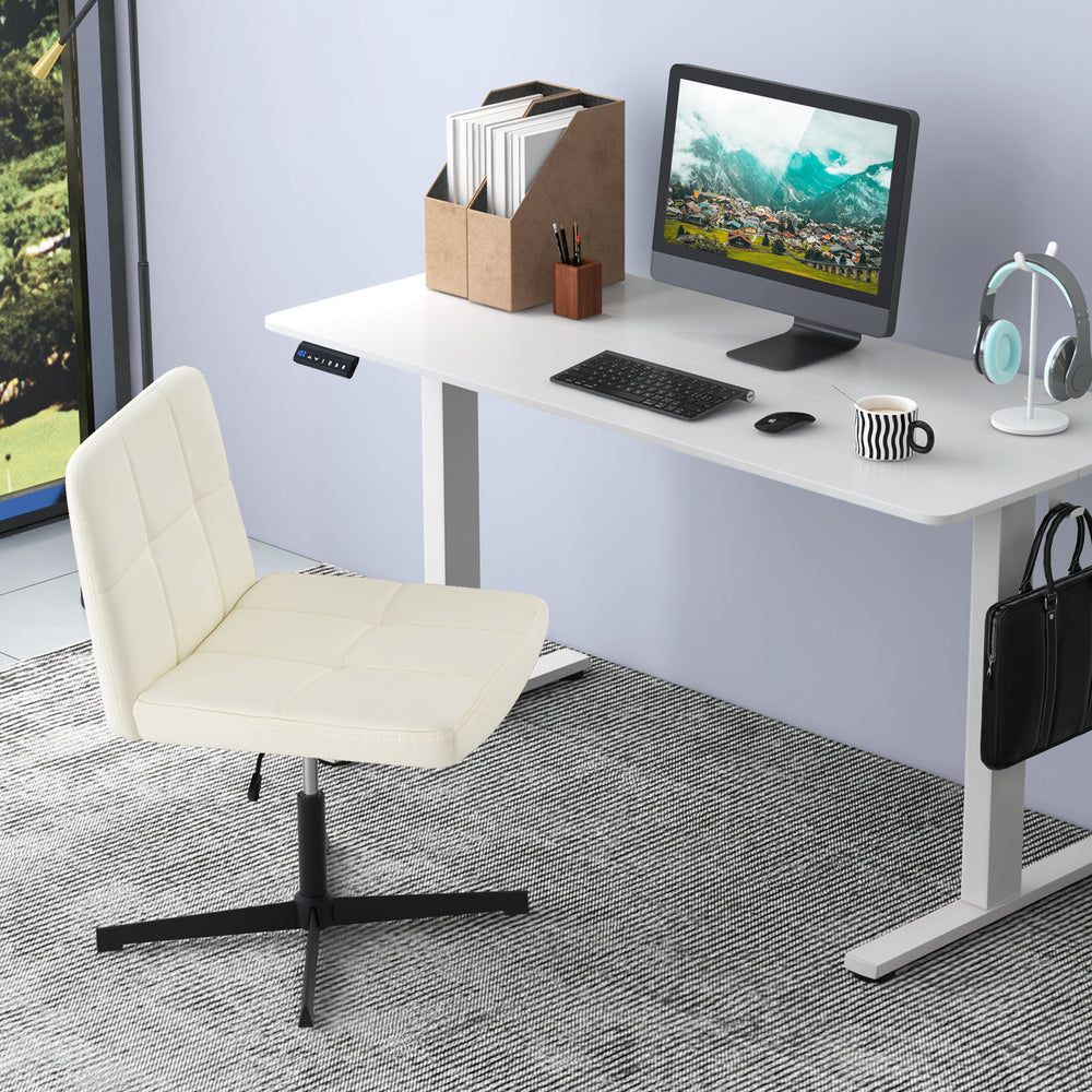 Beige PU leather upholstered office chair with oversized U-shaped seat, adjustable height, and swivel function for home.