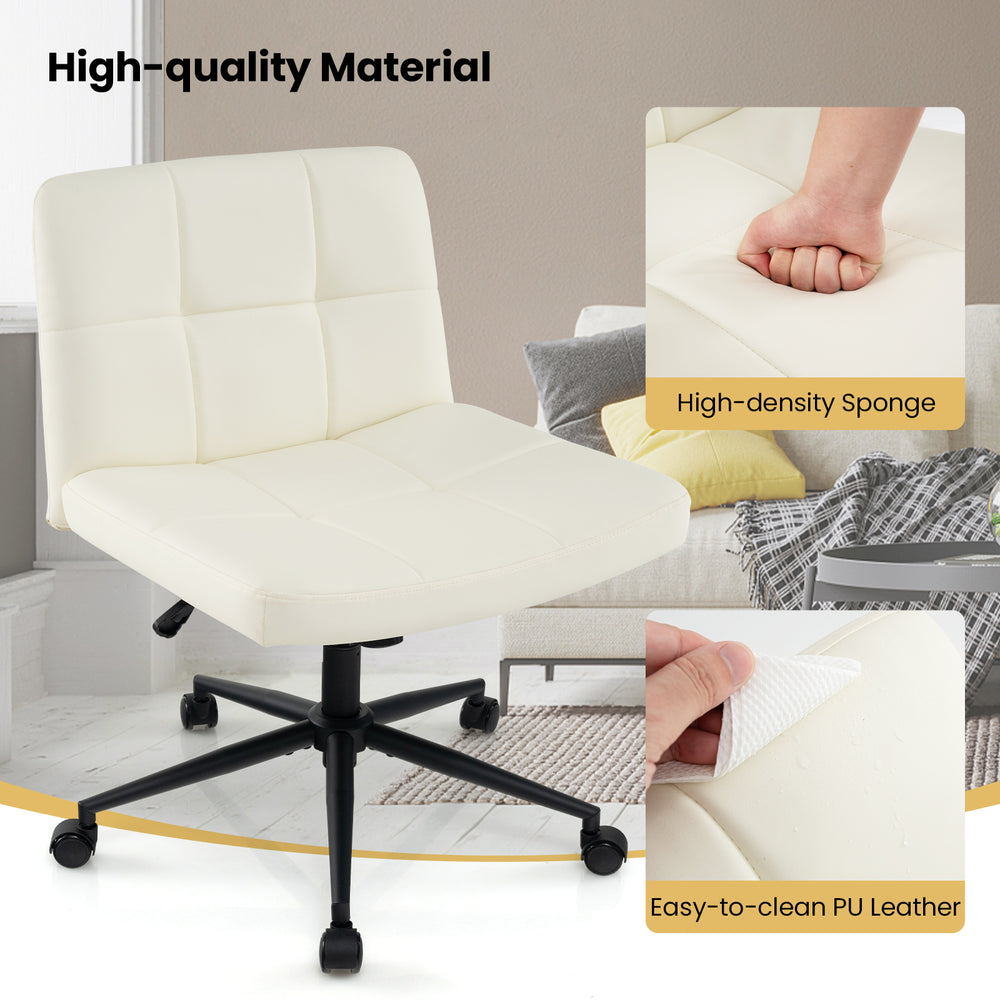 Beige height-adjustable armless desk chair with wheels, featuring easy-to-clean PU leather and ergonomic design for.