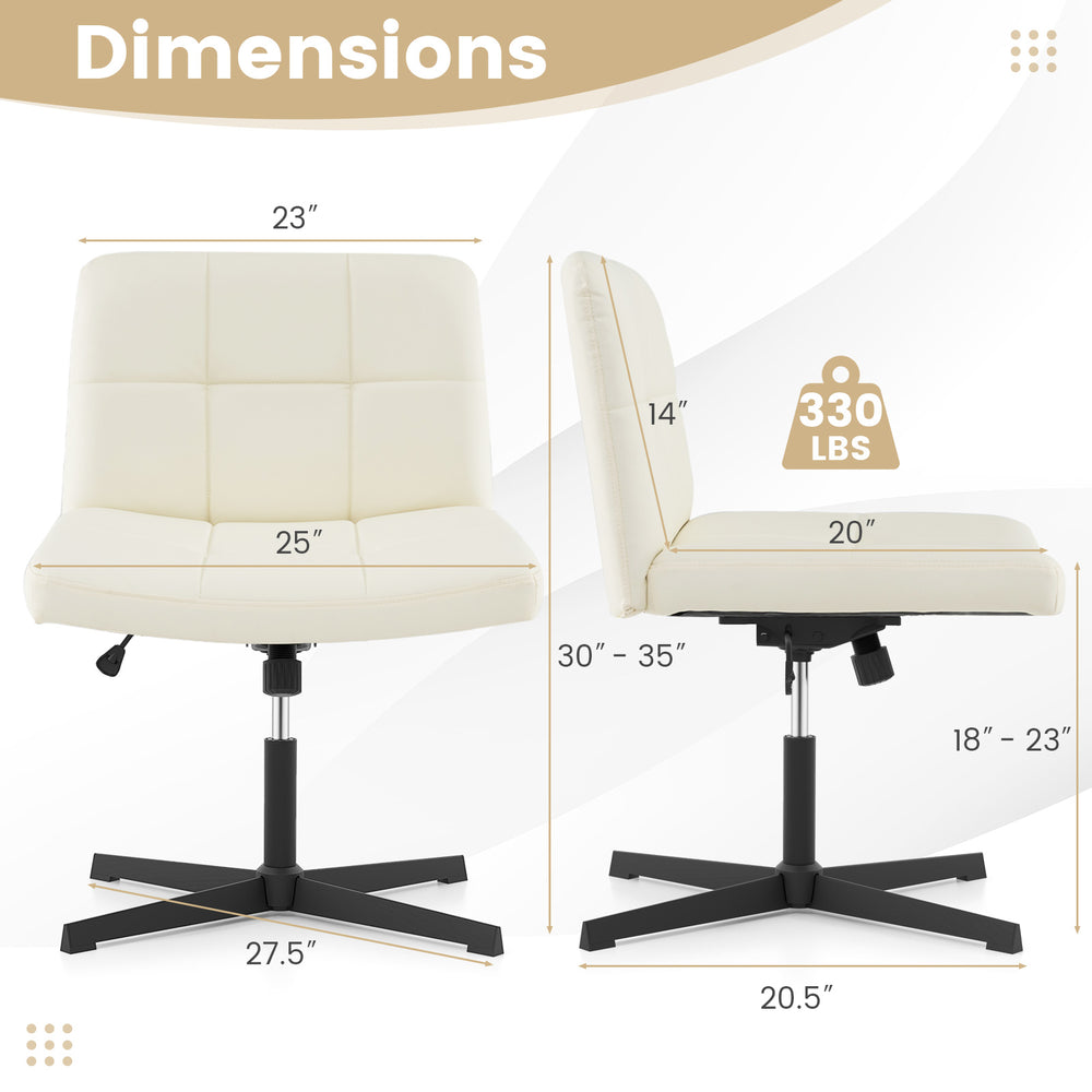 Beige PU leather upholstered office chair with oversized U-shaped seat, height adjustable, and cross-legged metal base.