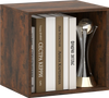 Rustic brown cube storage organizer showcasing books and a decorative trophy, ideal for living room or study use.