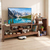 Cube TV stand in rustic brown for 55-inch TVs, featuring open storage shelves and convenient power outlets.