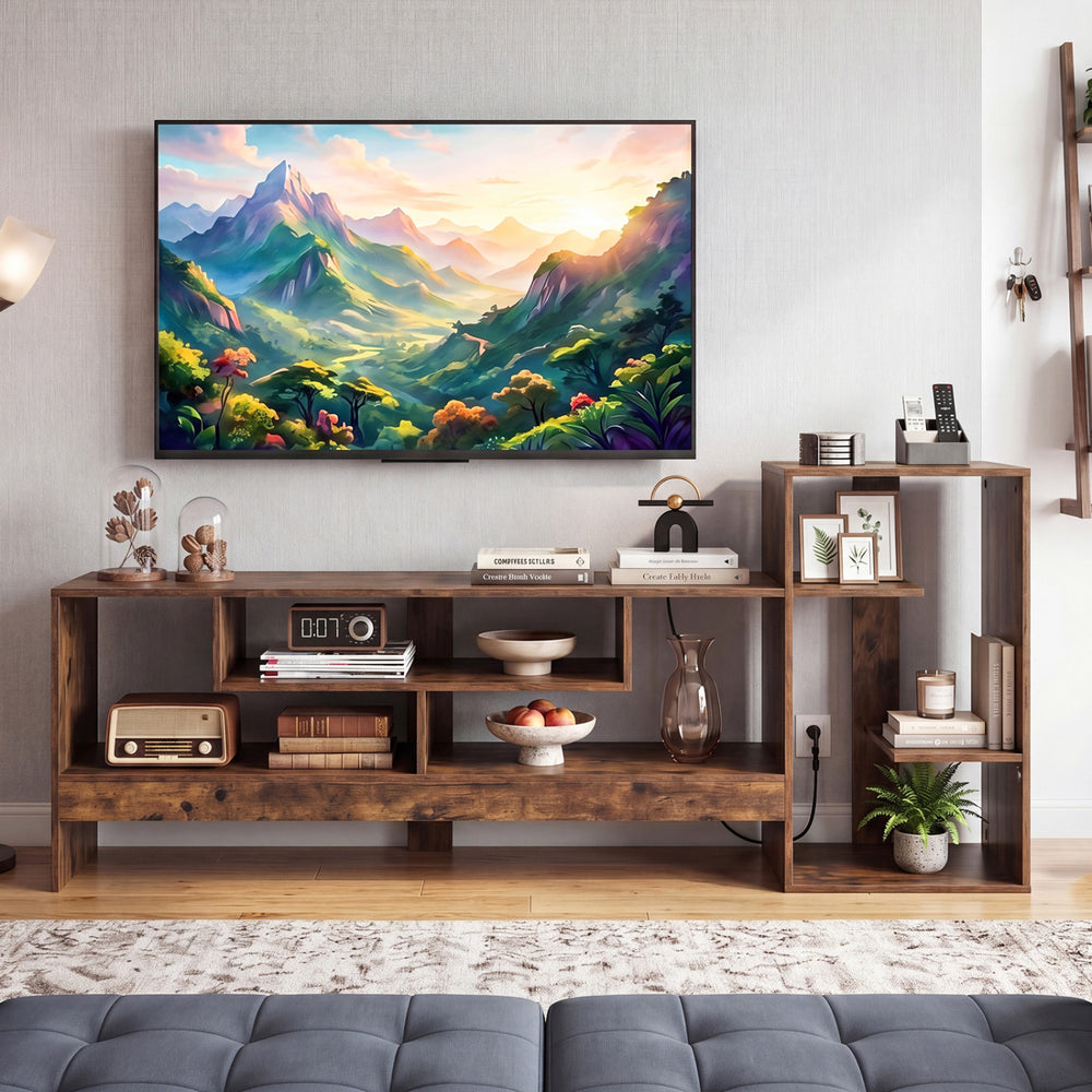 Cube TV stand in rustic brown with open storage shelves, designed for 55-inch TVs, featuring a convenient charging.