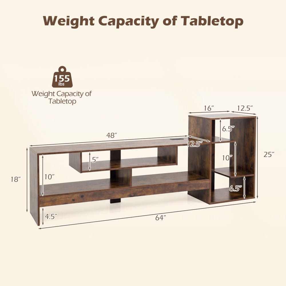 Cube TV stand for 55-inch TV with open storage shelves, measuring 64" x 25", featuring a rustic brown finish.