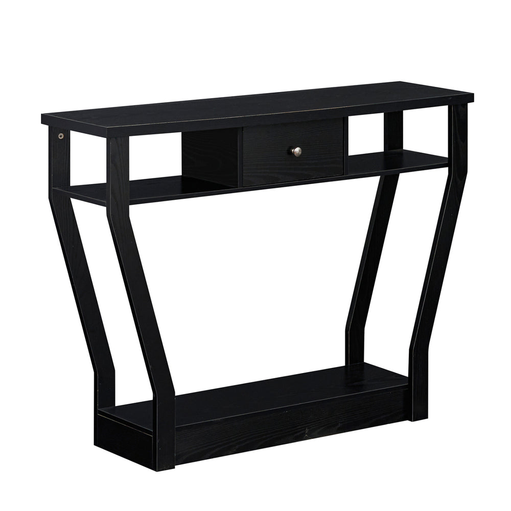 Curved frame modern console table in black with a storage drawer and open shelf, perfect for entryway organization.