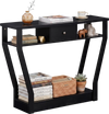 Curved frame modern console table with lower shelf and drawer, showcasing stylish storage and display options for entryways.