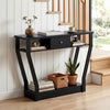 Curved frame modern console table in black with a storage drawer and open shelves, perfect for entryway organization.