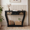 Curved frame modern console table in black with storage drawer and open shelf, perfect for entryway organization.