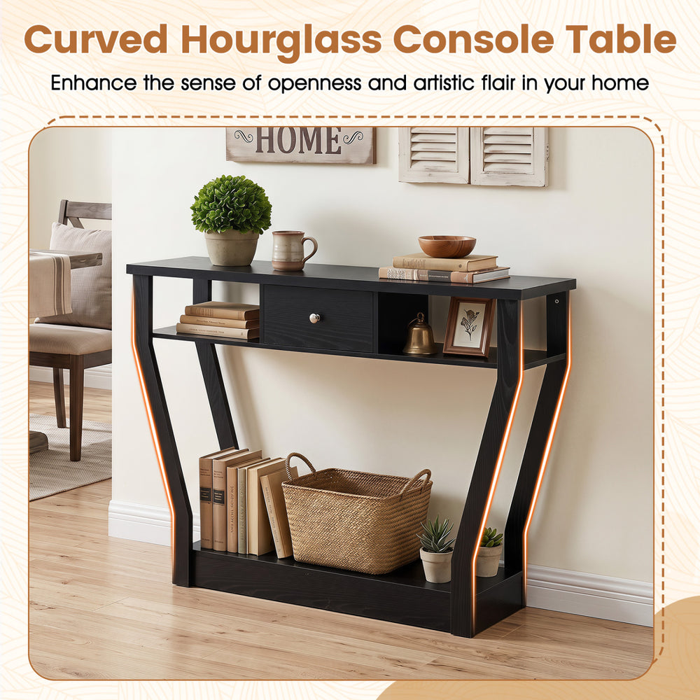 Curved frame modern console table with storage drawer and open shelf, perfect for entryway organization and decor.