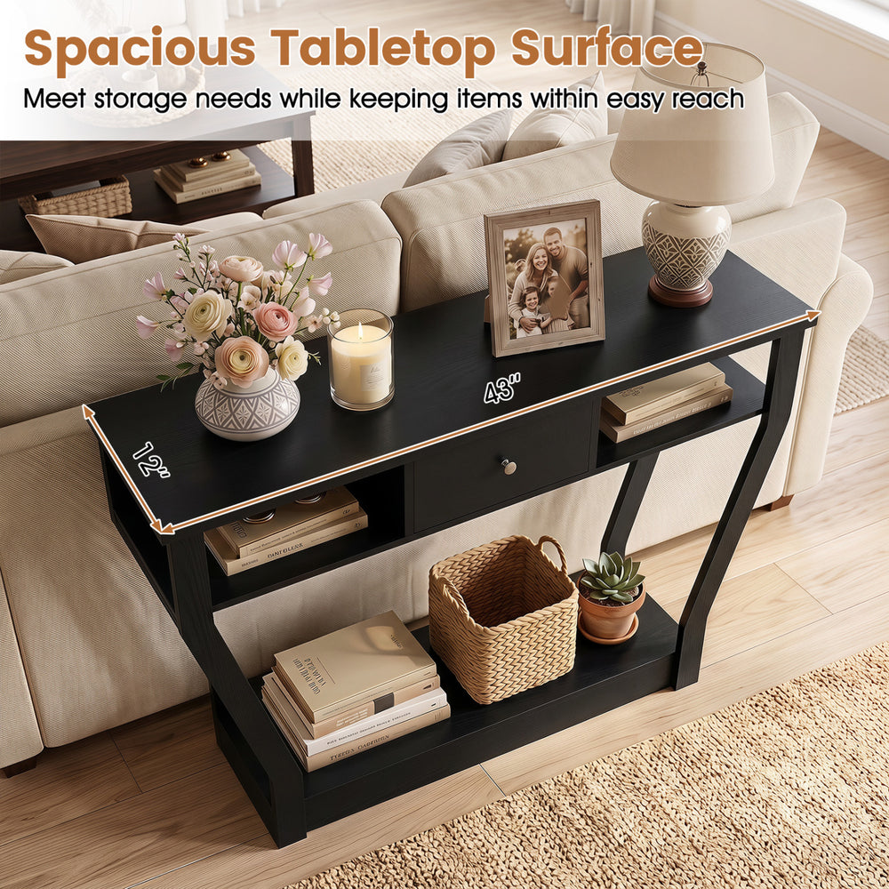 Curved frame modern console table with storage drawer, featuring a spacious tabletop and lower shelf for versatile display.