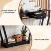 Curved frame modern console table featuring a storage drawer and bottom open shelf for stylish entryway organization.