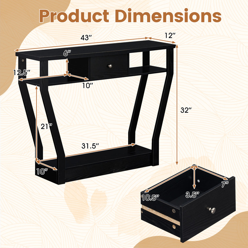 Curved frame modern console table with a storage drawer, featuring dimensions of 43"x12"x32" for entryway organization.