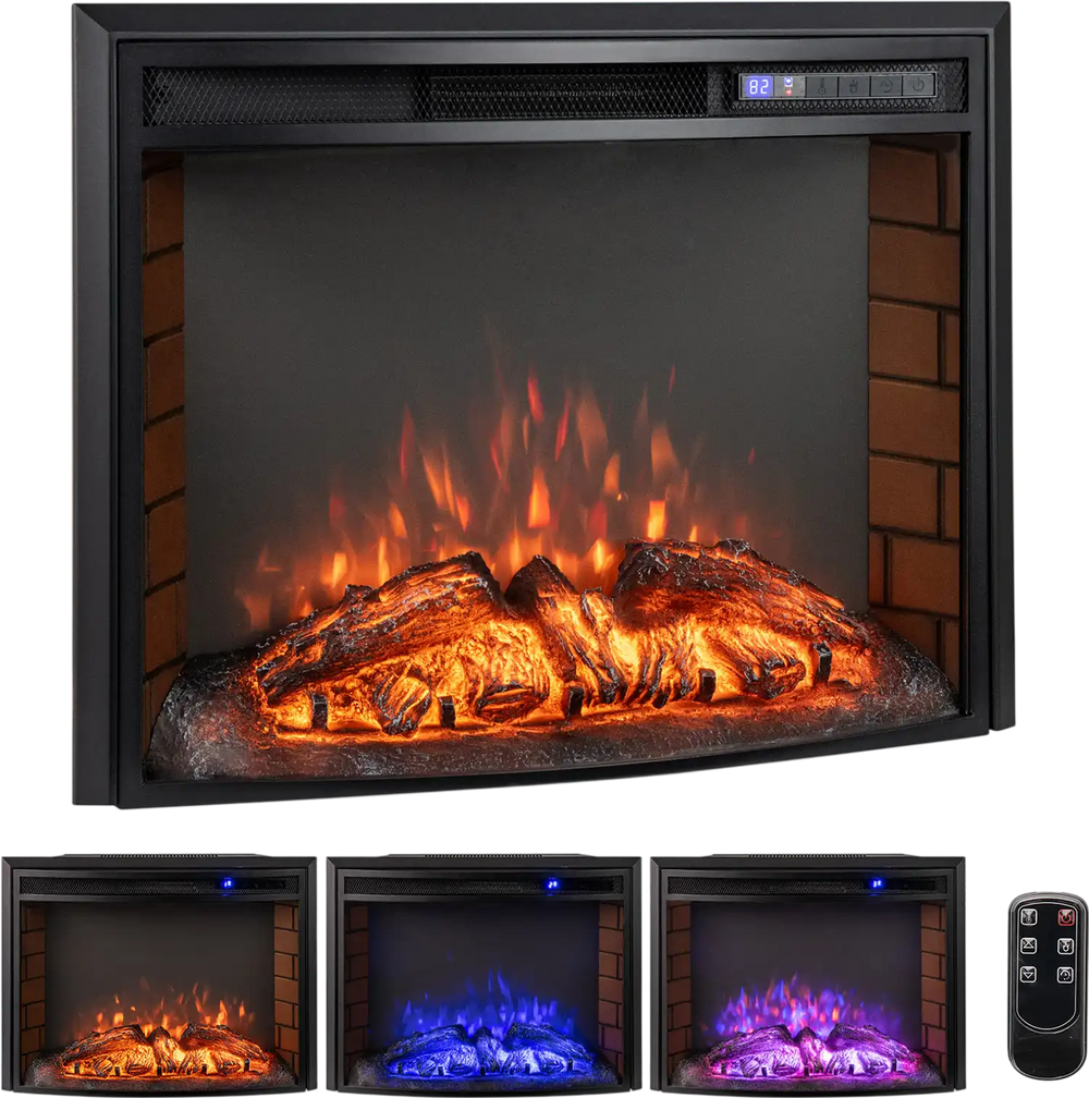 Curved recessed electric fireplace insert with remote control, adjustable flame colors, and overheat protection for.