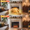 Curved recessed electric fireplace insert with remote control, showcasing flame and heat settings for cozy ambiance.