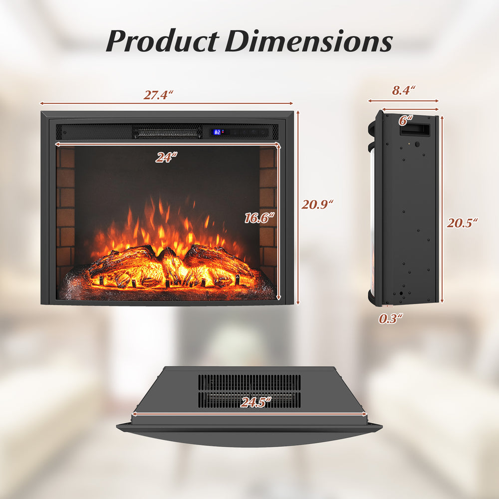 Curved recessed electric fireplace insert dimensions showing 26-inch size, ideal for cozy spaces up to 400 sq.ft.