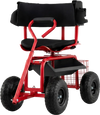 Cushioned rolling garden cart scooter in red and black with storage basket, ergonomic seat, and 10" pneumatic tires.