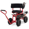 Cushioned rolling garden cart scooter in black and red with storage basket, tool pouch, and 360° swivel seat for.