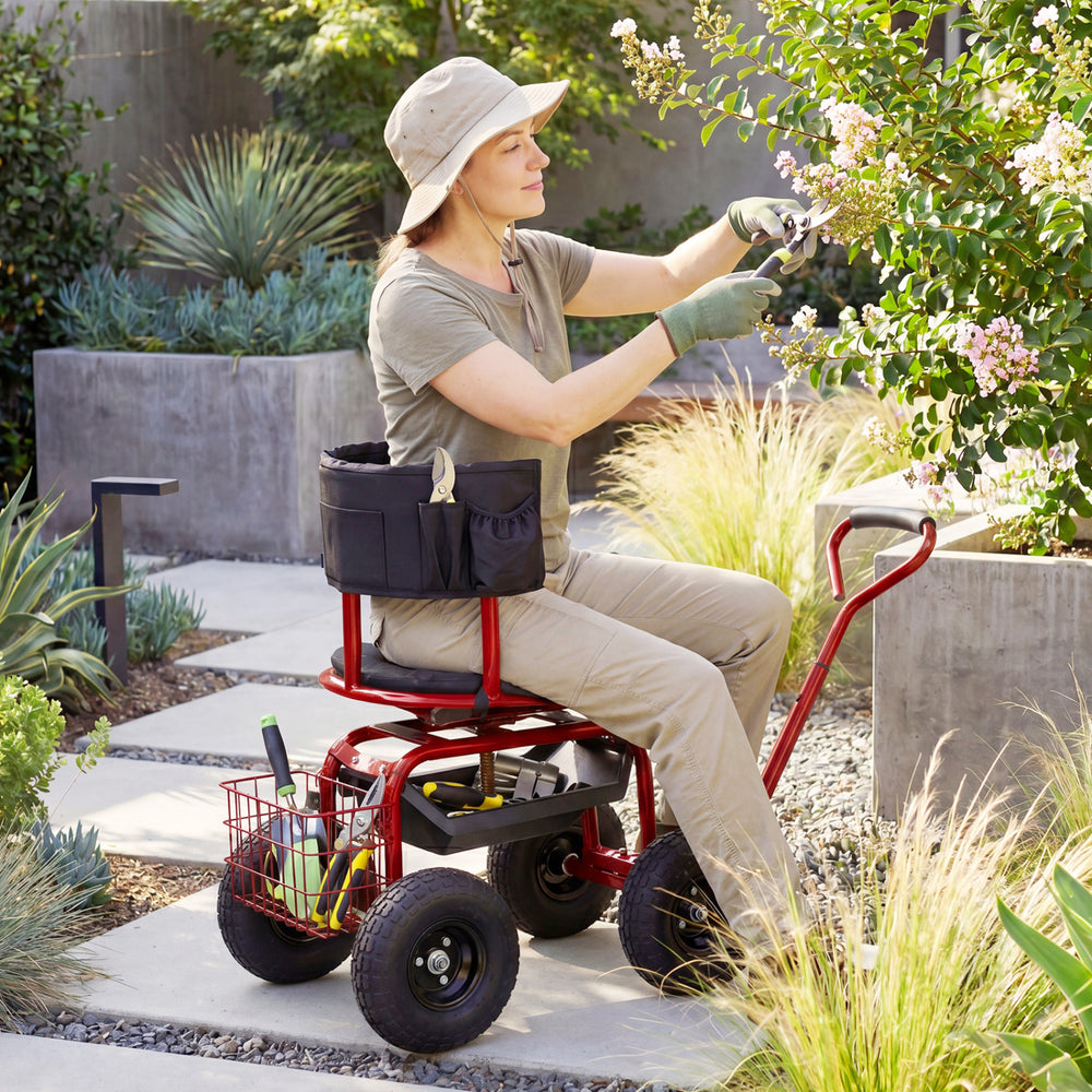 Cushioned Rolling Garden Cart Scooter with Storage Basket and Tool Pouch-Black & Red - Gallery View 1 of 10