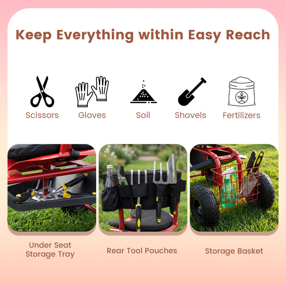 Cushioned rolling garden cart scooter with storage basket and tool pouch, featuring under seat storage and rear tool.