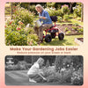 Cushioned rolling garden cart scooter in black and red with storage basket, designed for comfortable gardening tasks.